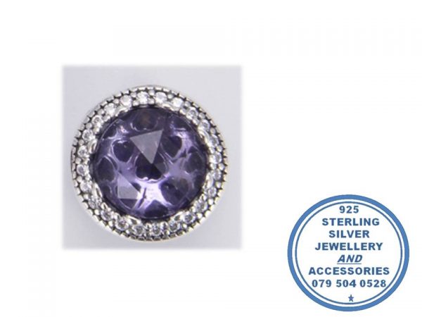 "925 Sterling Silver CZ Purple Lilac  Cubic Heart Patterned Pandora Compatible Bead Charm"