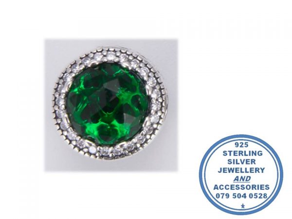 "925 Sterling Silver Large Round CZ Green Cubic  Heart Patterned Pandora Compatible Bead Charm Spacer Bead"