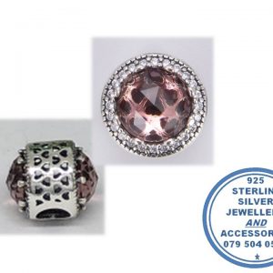 "925 Sterling Silver Large Round CZ Pink Cubic Heart Patterned Pandora Compatible Bead Charm Spacer Bead"