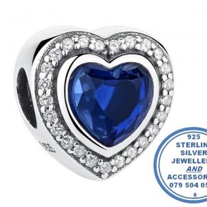 "925 Sterling Silver CZ Royal Blue  Cubic Heart Pandora Compatible Bead Charm"