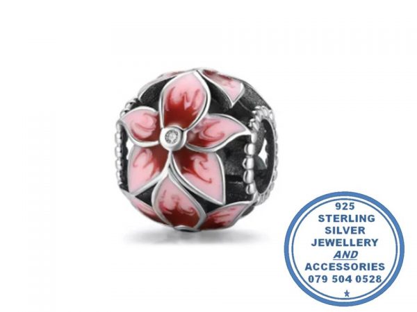 "925 Sterling Silver Pink Frangipani Flower Ball Pandora Compatible Bead Charm"