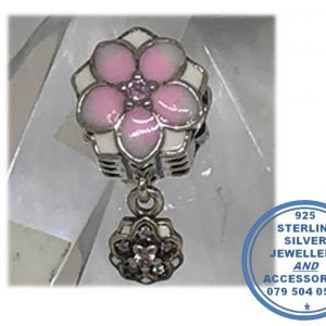 925 Sterling Silver Charm with Pink Magnolia with Dangle Flower Charm Bead. Pandora Compatible.