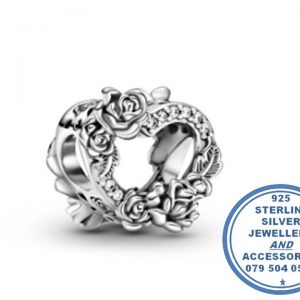 "925 Sterling Silver Open Heart wreath of Roses and Hearts Pandora Compatible Bead Charm"