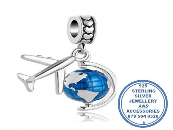"925 Sterling Silver Dangle Airoplane and globe. Around the Globe World Dangle Charm. Pandora Compatible"