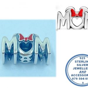 "925 Sterling Silver MOM charm with Red Enamel Bow. Pandora Compatible Charm Bead."