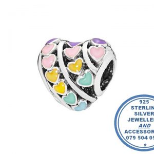 "925 Sterling Silver Rainbow of Hearts in Heart Charm. Pandora Compatible."