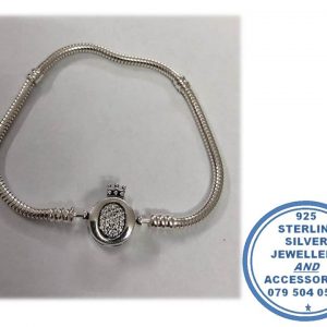 925 Sterling Silver Bracelet with Magestic O Crown CZ Cubic Large Clasp. Pandora Compatible