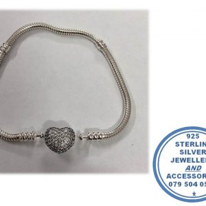 925 Sterling Silver Soft Bracelet with CZ Cubic Detail Heart Clasp. Pandora Compatible