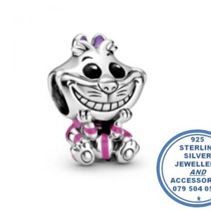 "925 Sterling Silver Alice in Wonderland Cat Charm with Pink Enamel. Pandora Compatible."