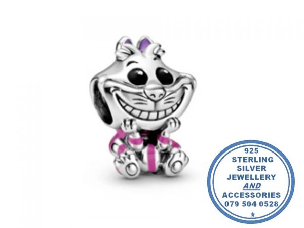 "925 Sterling Silver Alice in Wonderland Cat Charm with Pink Enamel. Pandora Compatible."