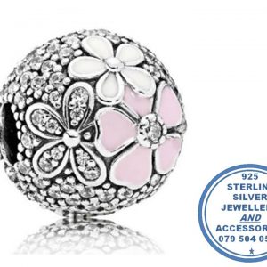 925 Sterling Silver CZ Daisy Silver Ball Pink and White Enamel Pandora Compatible CLIP