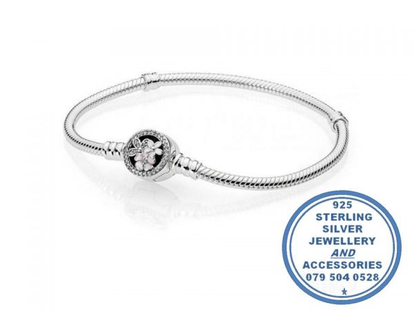 925 Sterling Silver Soft Bracelet with Daisy Flowers Clasp. Pandora Compatible.
