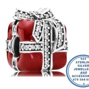 925 Sterling Silver Red Gift Box with CZ Cubic Ribbon detail Charm Bead. Pandora Compatible.