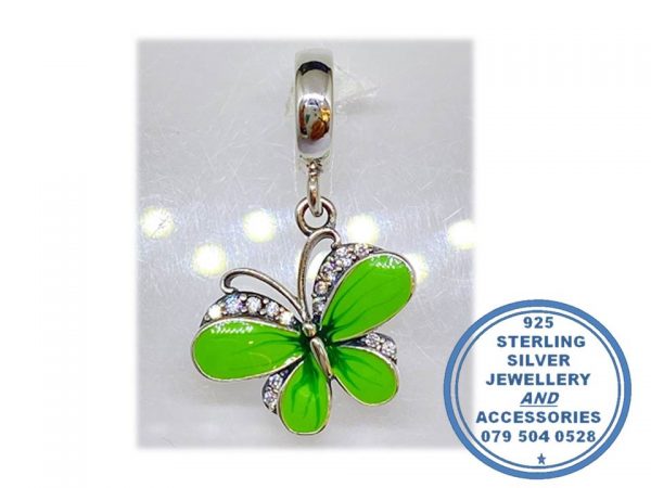 "925 Sterling Silver Stunning Green Enamel and Cubic CZ Butterfly Dangle Charm. Pandora Compatible."