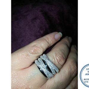 "925 Sterling Silver Statement Ring with 4 bands cross over cubics and 2 silver"