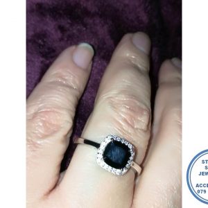 925 Sterling Silver Designers Statement Engagement Ring with Black Centre Sqaure Cubic & and Clear Cubics around.