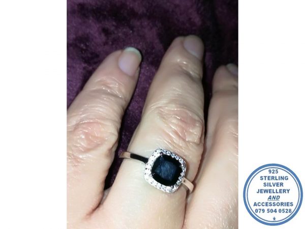 925 Sterling Silver Designers Statement Engagement Ring with Black Centre Sqaure Cubic & and Clear Cubics around.