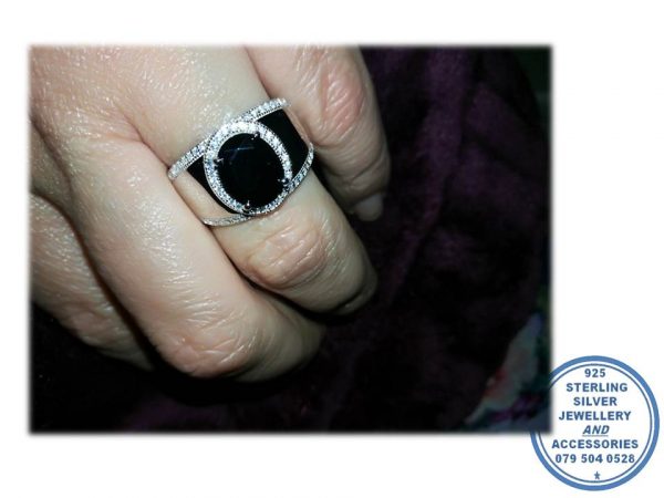 925 Sterling Silver Broad Silver Band with Halo Black Large Oval Center Statement Ring