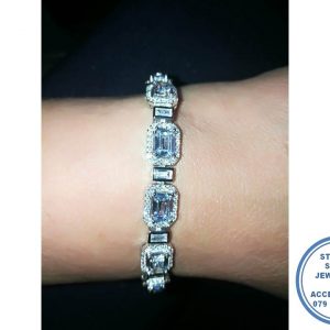 925 Sterling Silver Designers Statement Cubic Baguette Halo Tennis Bracelet Bridal Special Event or Just a Showstopper