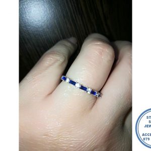 925 Sterling Silver Wedding Band | Stack Ring Clear Cubic round with Blue Baqueette