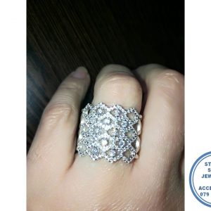 925 Sterling Silver 6 Zig Zag Cubic Bands forming Diamond Shape with middle Round Cubic Statement Ring