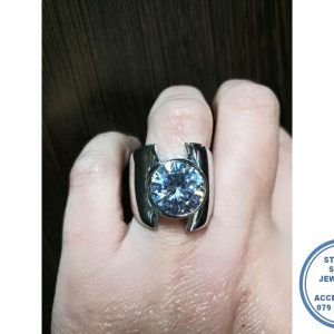 "Dramatic Large 925 Sterling Silver Statement Dress Ring with Large Cubic Round in Tention Tube"
