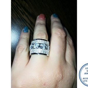 925 Sterling Silver Statement Ring with 3 Clear Square Cubics in Middle and cubics around top