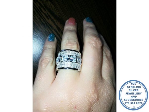 925 Sterling Silver Statement Ring with 3 Clear Square Cubics in Middle and cubics around top