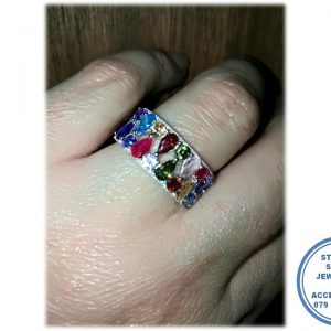 925 Sterling Silver Ring with Multicolor Cubics set to for 1 Broad Ring
