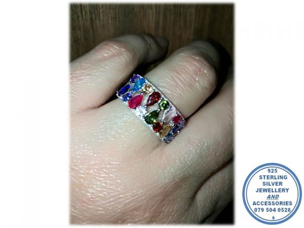 925 Sterling Silver Ring with Multicolor Cubics set to for 1 Broad Ring