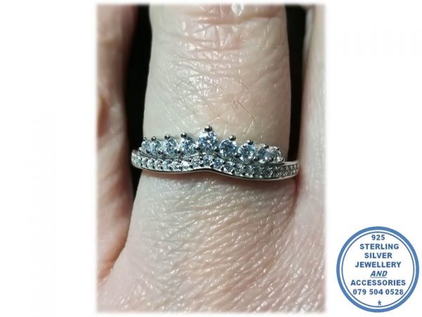 "Designers 925 Sterling Silver Double Wishbone with Cubics Tiara Style Wedding Band | Stack Ring"