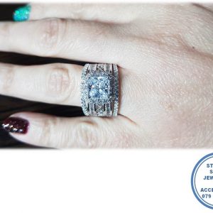 Dramatic Baquette Side Clear Halo Bands with large Sqaure Halo Cubic Designers Ring