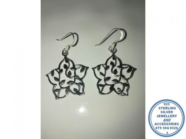 "925 Sterling Silver Flower Leave Detail Earring Dangle Hook in"