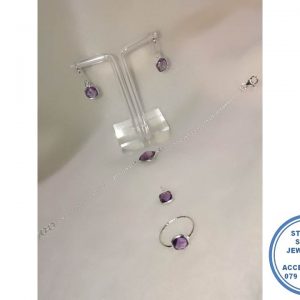 925 Sterling Silver Purple Amythist Gemstone Designers SET ( Earrings , Pendant, Bracelet, Ring per photo)