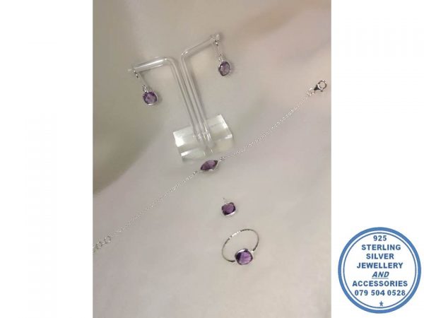 925 Sterling Silver Purple Amythist Gemstone Designers SET ( Earrings , Pendant, Bracelet, Ring per photo)