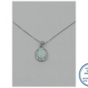 925 sterling Silver Whote Halo Cubic Opal Designers Pendant with 42cm chain Necklace