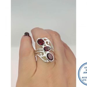 925 Sterling Silver Statement Designers Ring Filigree Twirls with Garnet