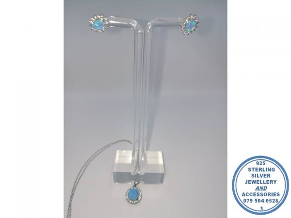  925 Sterling Silver Blue Opal Necklace Pendant with 42cm Chain only. Exc Earrings