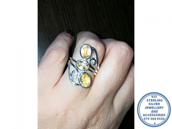 925 Sterling Silver Statement Designers Ring Filigree Twirls with Citrine
