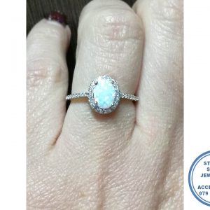 925 Sterling Silver White Opal Cubic Halo Ring with cubic side detail 17mm Inside Diameter