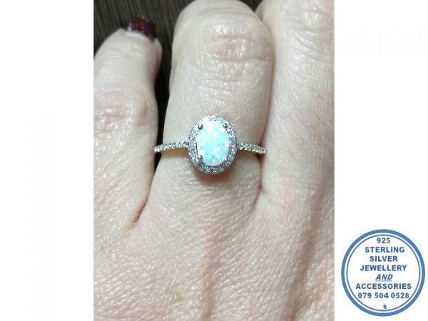 925 Sterling Silver White Opal Cubic Halo Ring with cubic side detail 17mm Inside Diameter