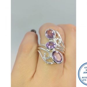 925 Sterling Silver Statement Designers Ring Filigree Twirls with Amythist