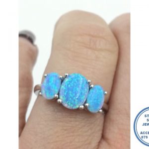925 Sterling Silver 3 Blue Opal Ring 18mm Inside Diameter Man-made