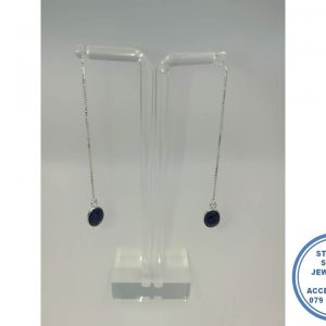 "925 Sterling Silver Trendy Modern Chain Treader Earring with Sapphire 7x9mm"