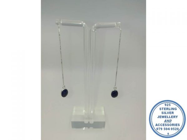 "925 Sterling Silver Trendy Modern Chain Treader Earring with Sapphire 7x9mm"