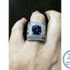 925 Sterling Silver Showstopper Statement Must Have Double Clear Halo Royal Blue Round Center and Broad 9 Bands as one ring