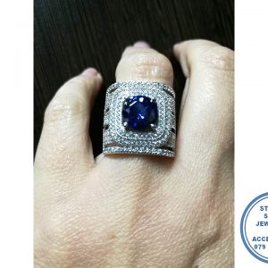 925 Sterling Silver Showstopper Statement Must Have Double Clear Halo Royal Blue Round Center and Broad 9 Bands as one ring