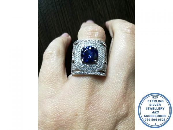 925 Sterling Silver Showstopper Statement Must Have Double Clear Halo Royal Blue Round Center and Broad 9 Bands as one ring