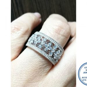 925 Sterling Silver Statement Broad Wedding Band with cubic flower detail in diamond shapes