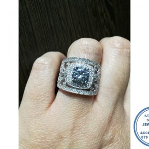 925 Sterling Silver Square Halo Large Statement Dress Ring with large round cubic center and cubic Filigree twirls